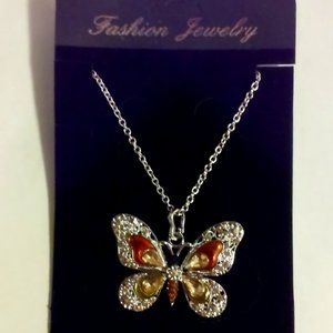 Silver Butterfly Necklace Orange Yellow and Many Rhinestones 15" L 2" Across New